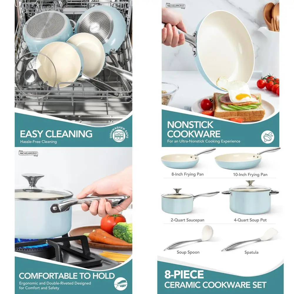

8-Piece Blue Ceramic Nonstick Cookware Set, Oven-Safe, Non-Toxic, Suitable for All Stovetops