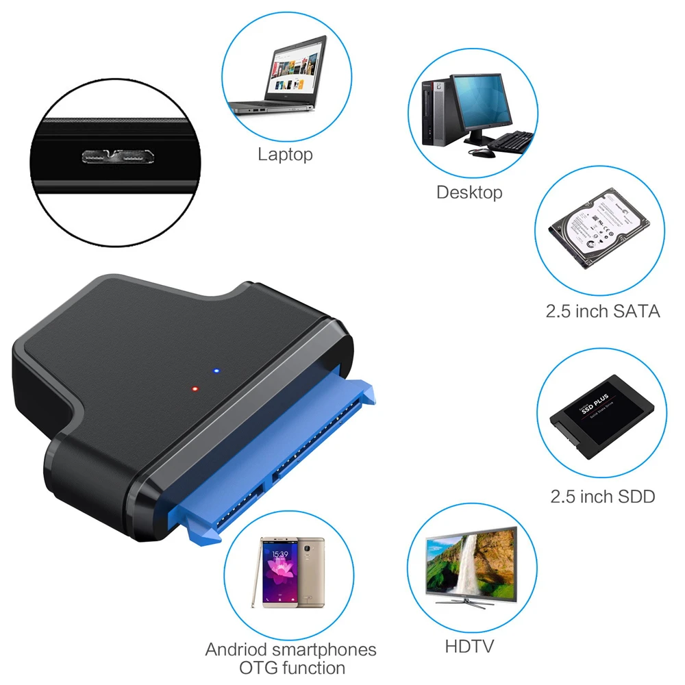 Mass Storage Class Enclosure Adapter, 2.5 "Hard Disk Drive, SSD, HDD, 5Gbps, Micro USB 3.0 para SATA, 22Pin, 7 + 15