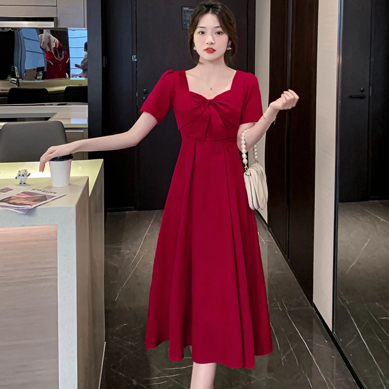 Summer White Short Sleeve Bow Midi Dress Women Black Korean Vintage Hepburn  Dress 2026 Red Wedding Elegant Bodycon Party Vestido - AliExpress 200000345