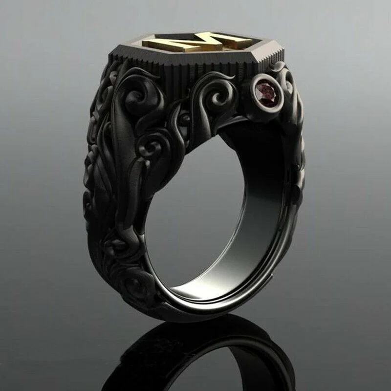 Men\'S Fashion Bohemian Black M Letter Stainless Steel Ring Jewelry Size 6-10