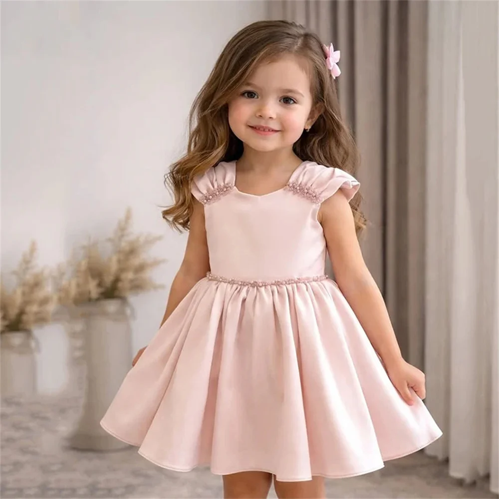 

Индивидуальное атласное платье для девочек с жемчугом и цветами, длиной до колена, для дня рождения, праздничных мероприятий, подружек невесты, бальных танцев