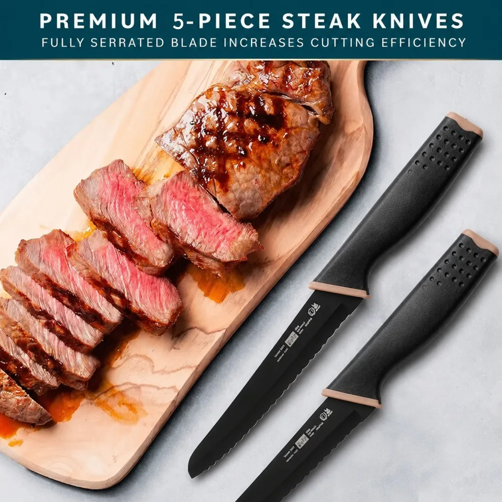 1/2/5 Pcs Black Kitchen Knife, Kitchen Knives Set, Steak Knife Stainless Steel PP Plastic Handle Serrated Knife Knife Set
