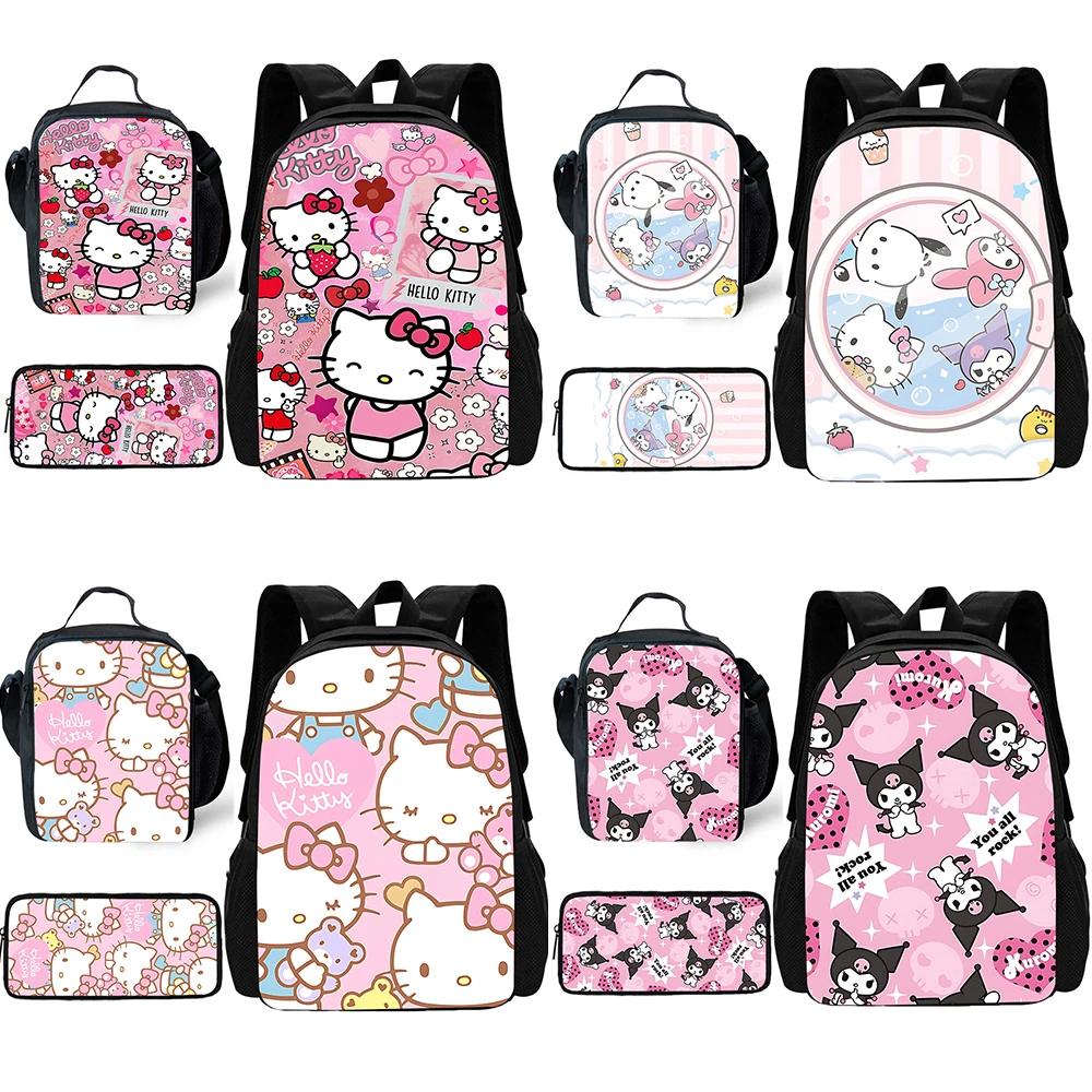 Child Cute Sanrios Hello Kitty Kuromi School Backpack with Lunch Bags ,Pencil Bags ,School Bags for Boys Girls Best Gift