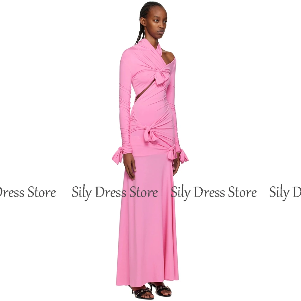 Chic Dresses for Special Occasions Spandex Sheath/Column Formal Evening Dress Pink High Collar Bows Pleat Party Dress Maxi 2025 image 4
