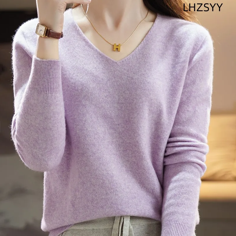 LHZSYY First line/Ready-to-wear 100%Pure Wool Knit Sweater Women\'s V-Neck Pullover Loose Shirt 2023Autumn New Female Jacket Top