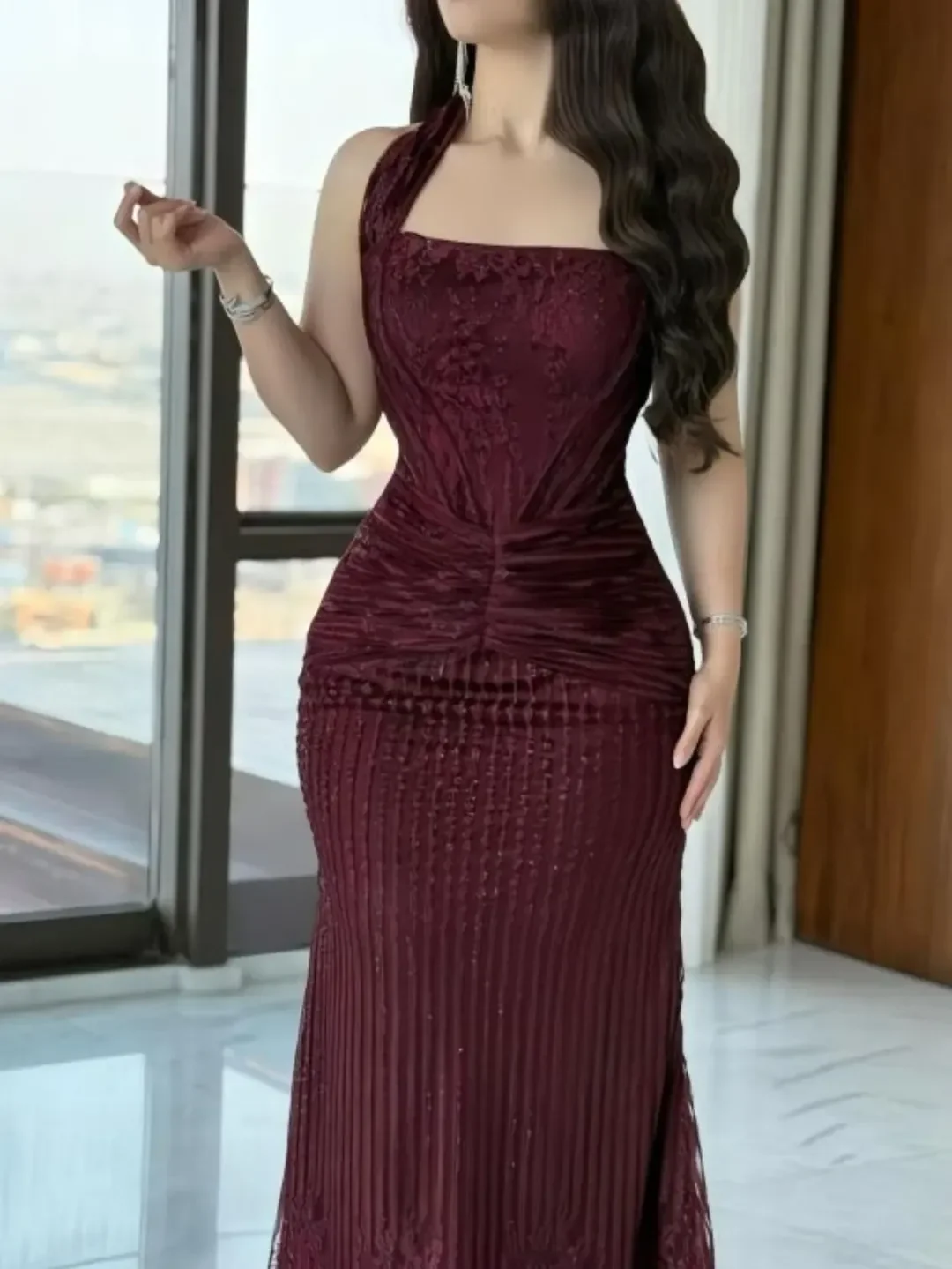 

AsaNagi Arabia Burgundy Elegant Prom Dresses Women's Mermaid Evening Gowns Sleeveless Floor-Length Formal Cocktail Party
