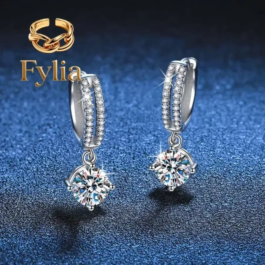 

Fylia Jewelry Luxury Solid White Gold Platinum PT950 Earrings moissanite earrings classic four claw D color 1 carat earrings f