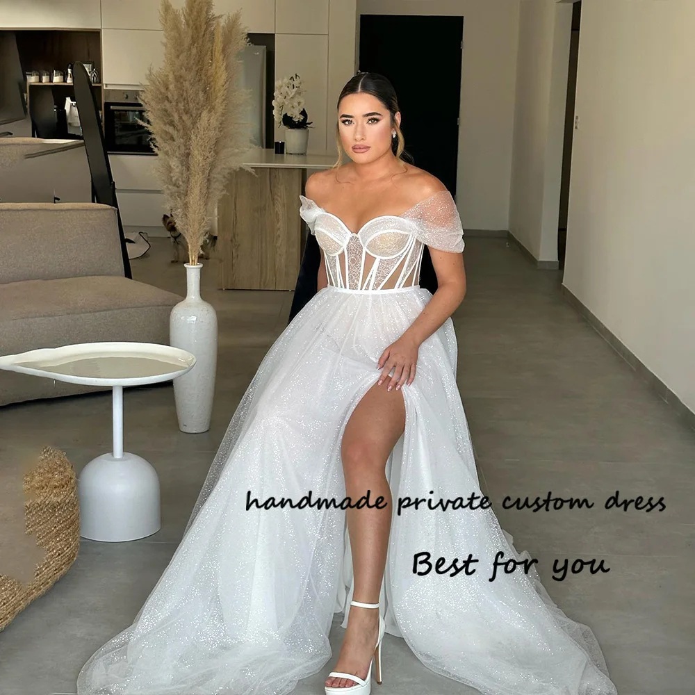 

Sparkling White A Line Wedding Dresses Off Shoulder Sexy Bone Corset Sweetheart Bride Dress Side Split Long Beach Wedding Gowns