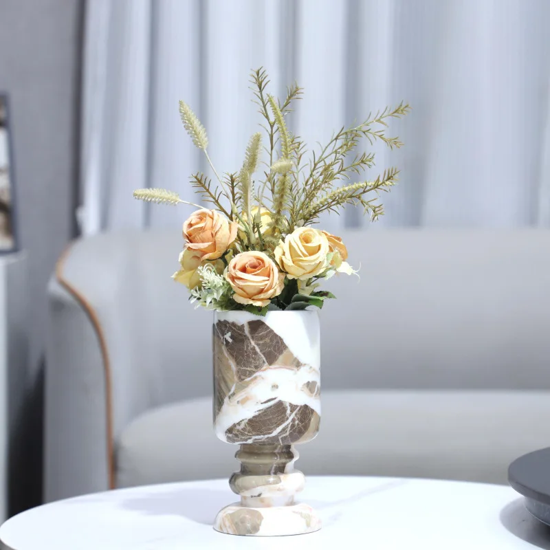 European light luxury natural marble high foot vase art flower arrangement ornament living room bedroom home decoration