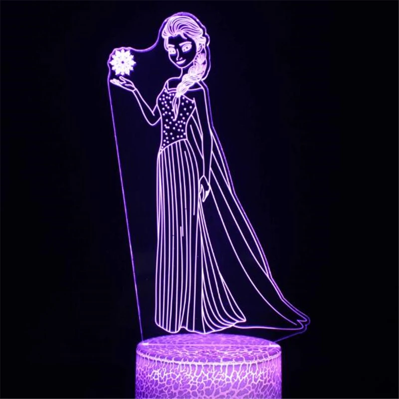 Frozen Princess 3D Visual Lamp Anna Elsa Figurine Tinker Bell LED Night Light Acrylic Illusion Table Lampara Home Toys Lighting