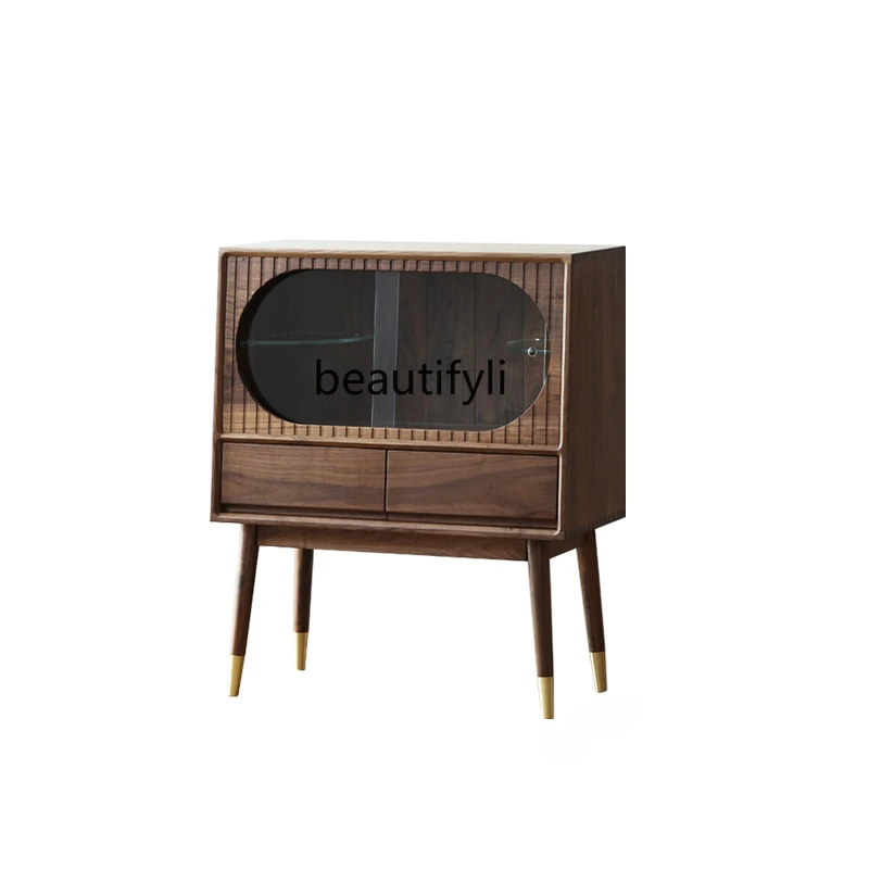 Black Walnut Small Wine Cabinet Log Glass Display Cabinet with Light Retro Style Sofa Edge Chest of Drawers