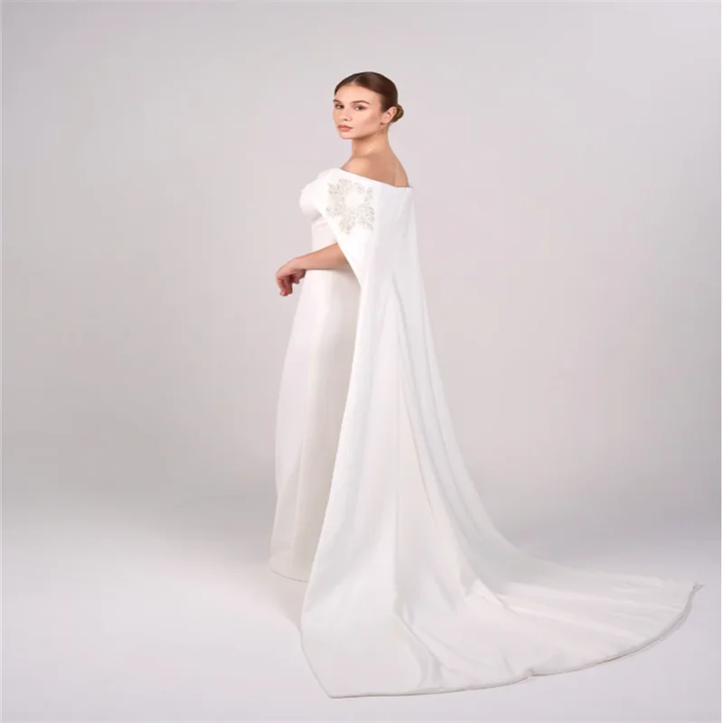 Off the Shoulder Evening Gown Elegant  Formal Party Court Train Sleeveless Ivory Wedding Guest Satin with Cap Customized