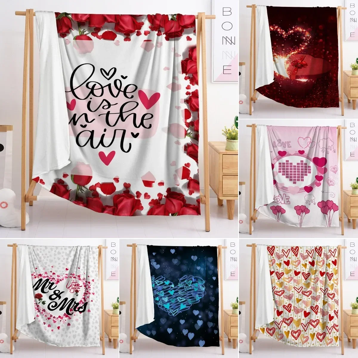 Valentine's Day Gift Flannel Throw Blanket Romantic Theme Love Heart Shaped Blanket for Couch Sofa Bed King Full Size Super Soft