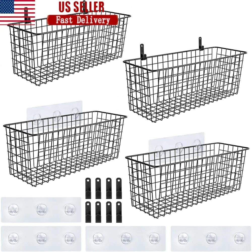 مجموعة سلال تخزين كبيرة جدًا مثبتة على الحائط مكونة من 4 عبوات مع خطافات لاصقة وخطافات فولاذية لتنظيم الأسلاك المتينة والمكتب المنزلي المثالي #1