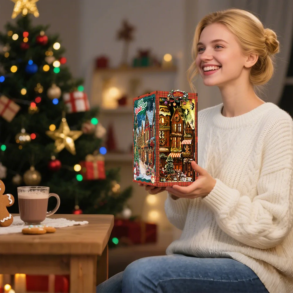 3D خشبية عيد الميلاد الزاوية DIY كيت كتاب الزاوية نموذج منزل صغير مع أضواء LED رف الكتب الديكور لعبة هدية اليدوية #6