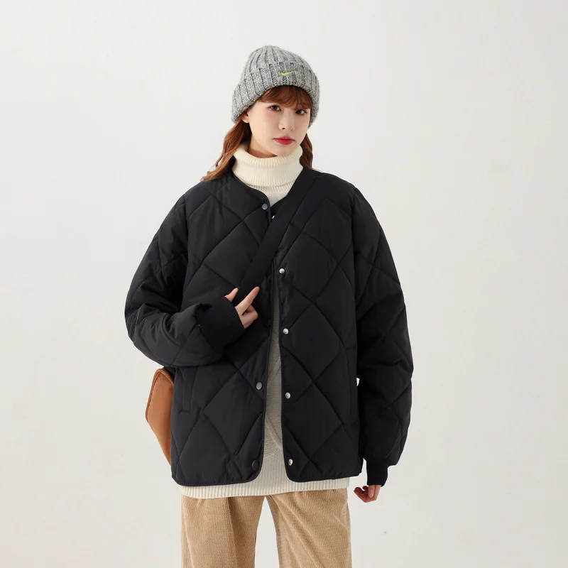 Short Women's Round Neck Light Cotton Jacket 2025 New Style No Collar Seam Cotton Jacket Autumn and Winter Warm Jacket