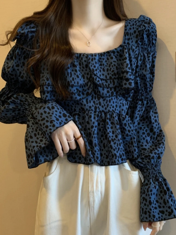 Flared Sleeve Shirt Women's Design Sensation Autumn Wear plus Size Conceals Belly Lotus Leaf  Top for Slightly Plump MM