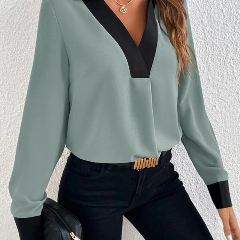 2023 New Women\'s Clothing Summer V-Neck Long Sleeve Loose Thin Commuter Fashion Casual Commute Contrast Color Modern Shirt