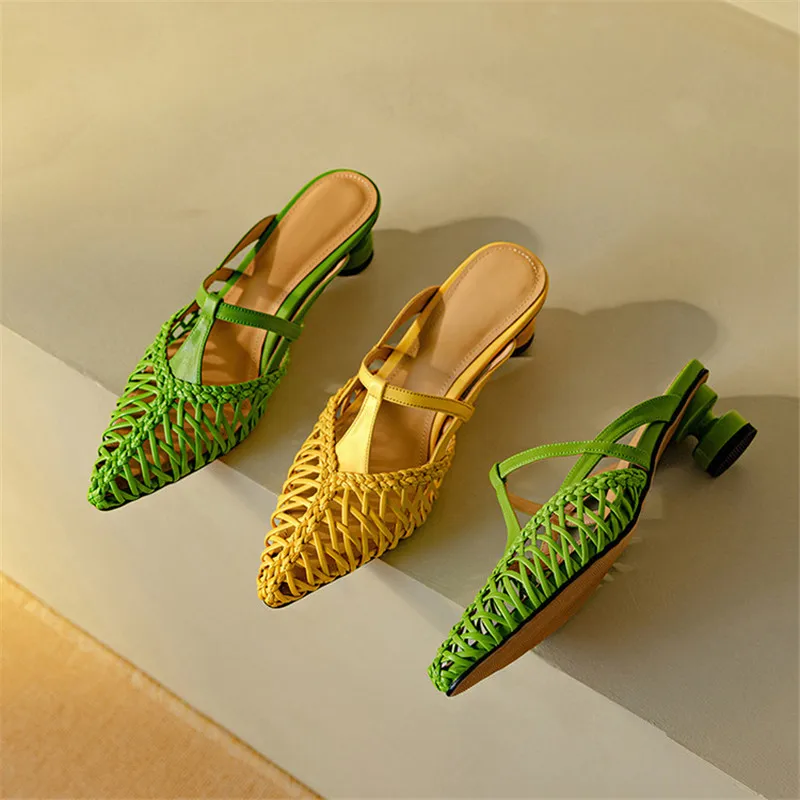 

Новые весенне-летние тапочки с острым носком для женщин, модные туфли-мюли с вырезами, женская обувь на высоком каблуке, женские тапочки ручной работы