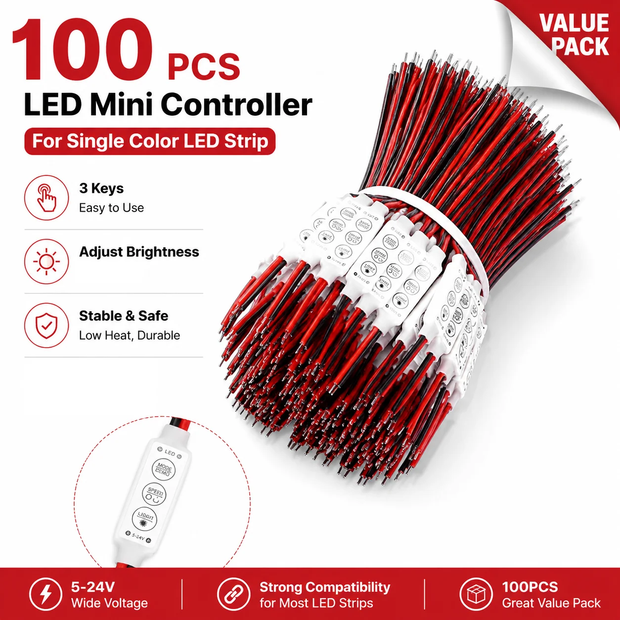 DC 12V-24V Mini 3 Keys LED Dimmer For Single Color LED Strip Light