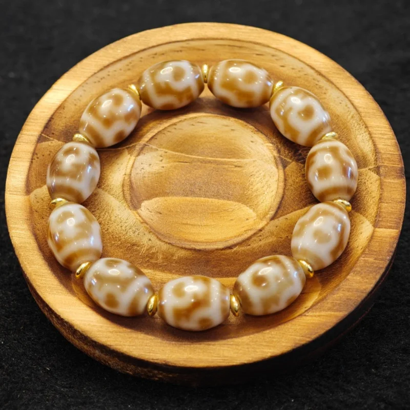 Natural Agate Nine- Three-Eyed Tiger Tooth Dzi Bead Bracelet