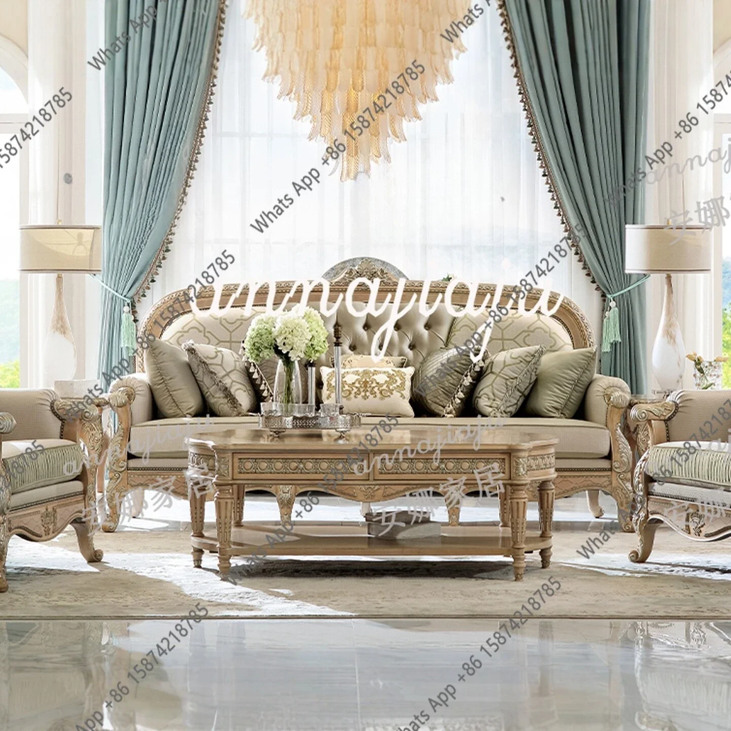 X69 Solid Wood Carving French Court Sofa European Retro Villa Large Flat Sofa