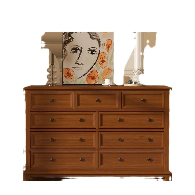 

French Retro Full Walnut Nine-Drawer Cabinet Bedroom Wall-Mounted Storage Drawer Cabinet Light Luxury American Style