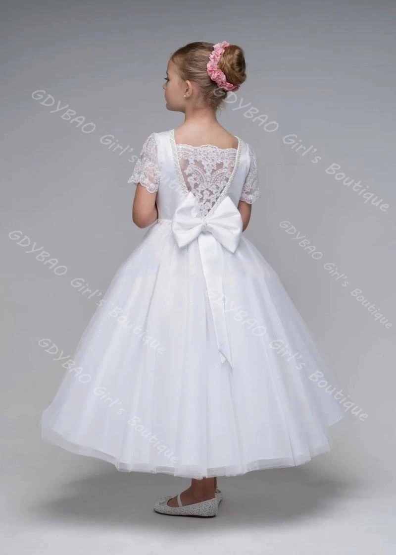 

Customized White First Communion Dress Tea Length Lace Sleeve Wedding Flower Girl Dress Beaded Tulle Pageant Party Ball Gown