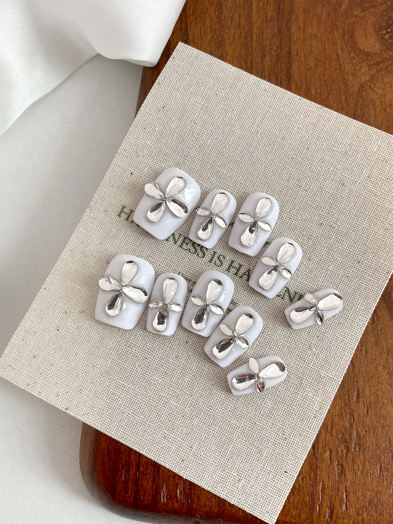 Minimalist White Press On Nails, Handcrafted Short Square False Nails with 3D Silver Metallic Flower Decor, Simple Chic Style