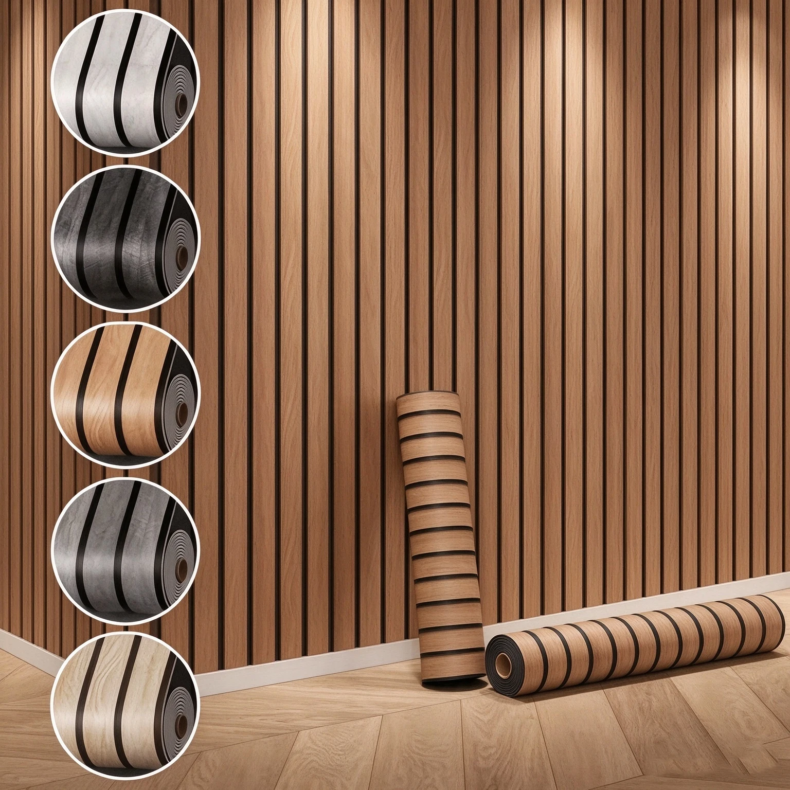 Removable Wood Grain Slatted Peel Stick Wallpaper Roll Vertical Groove Decorative Wall Panel For TV Backdrop Wall Decoration.