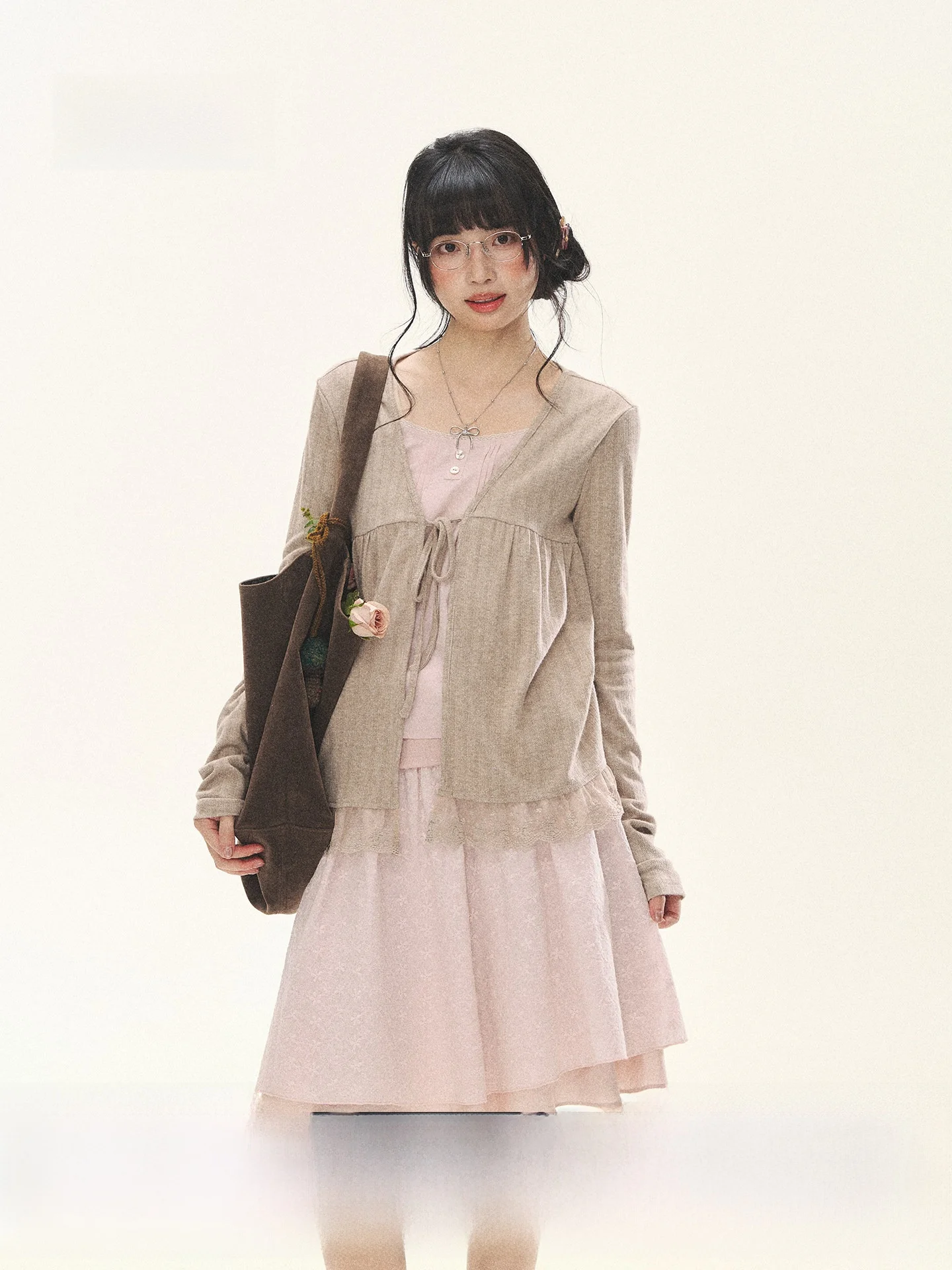 

Holid Map Baked Tea Heart Vintage Lace Trim Belted Long Sleeve Open Cardigan Skirt Set Women's Fashion Spring Collection