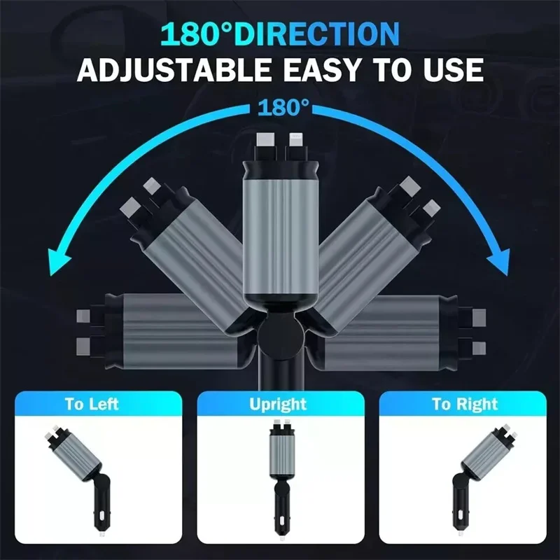 شاحن هاتف سيارة فائق السرعة، شاحن هاتف سيارة بقدرة 100 وات مع كابلات قابلة للسحب ومنفذ USB ومنفذ من النوع C، شاحن سيارة قابل للسحب 4 في 1