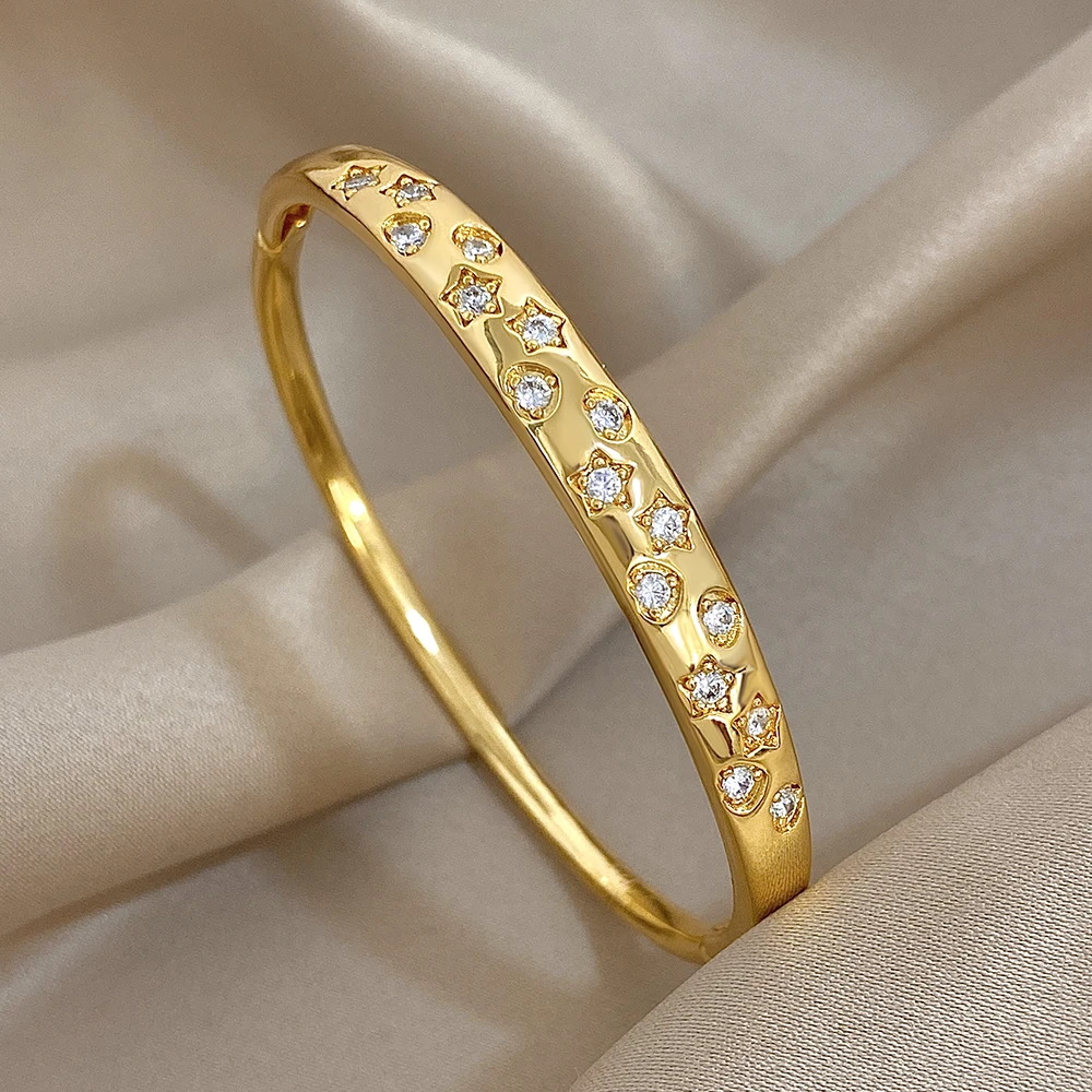 Schickes süßes Stern-Herz-Zirkon-Armband für Damen, modisch, glänzend vergoldetes Kupfer, Manschettenarmreif, Armbänder, Schmuck, Geschenke