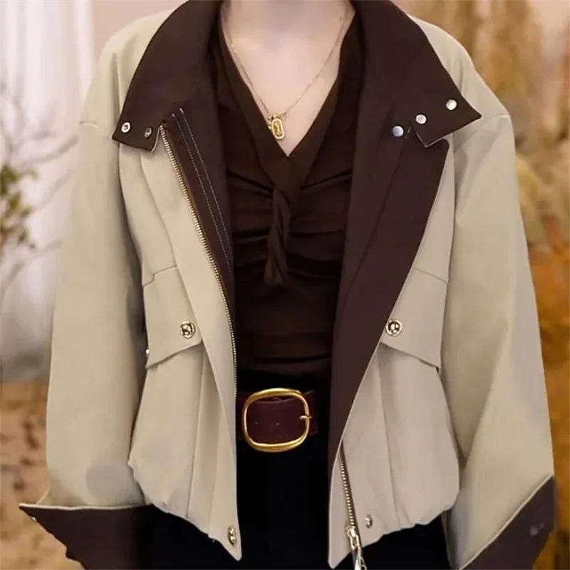 

Spring Female Fashion Short Lined Top Autumn Ladies Long Sleeves Windbreaker Jacket Korean Women Stand Collar Casual Trench Coat