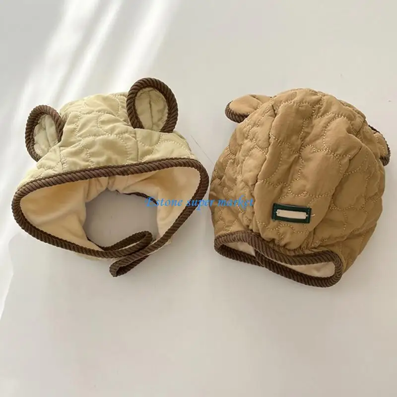 090B قبعة صغيرة دافئة لطيف الدب آذان مبطن بونيه قبعات الطيار الناعمة للبنين والبنات #4