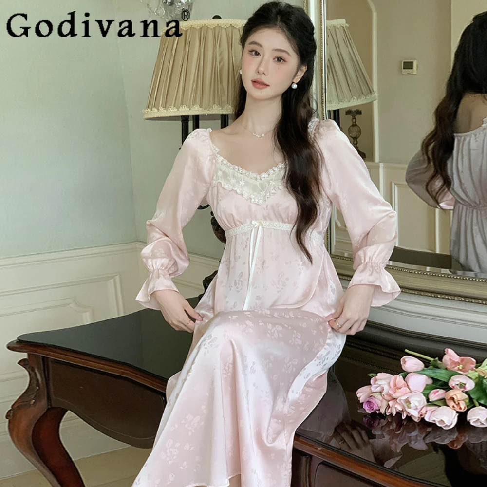 French Pajamas Autumn Sweet Cute Women's Sleepwear Princess Style Casual Elegant Romantic Homewear Dress Nightgowns