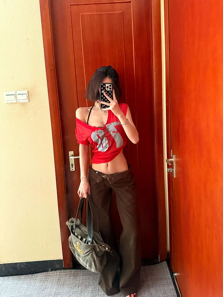 Slim Fit ort Sve V-Ne T-Shirt Damen Sommer Digitaldruck Kontrastfarbe Abnehmen Hot Girl Street Sle Baumwollmischung