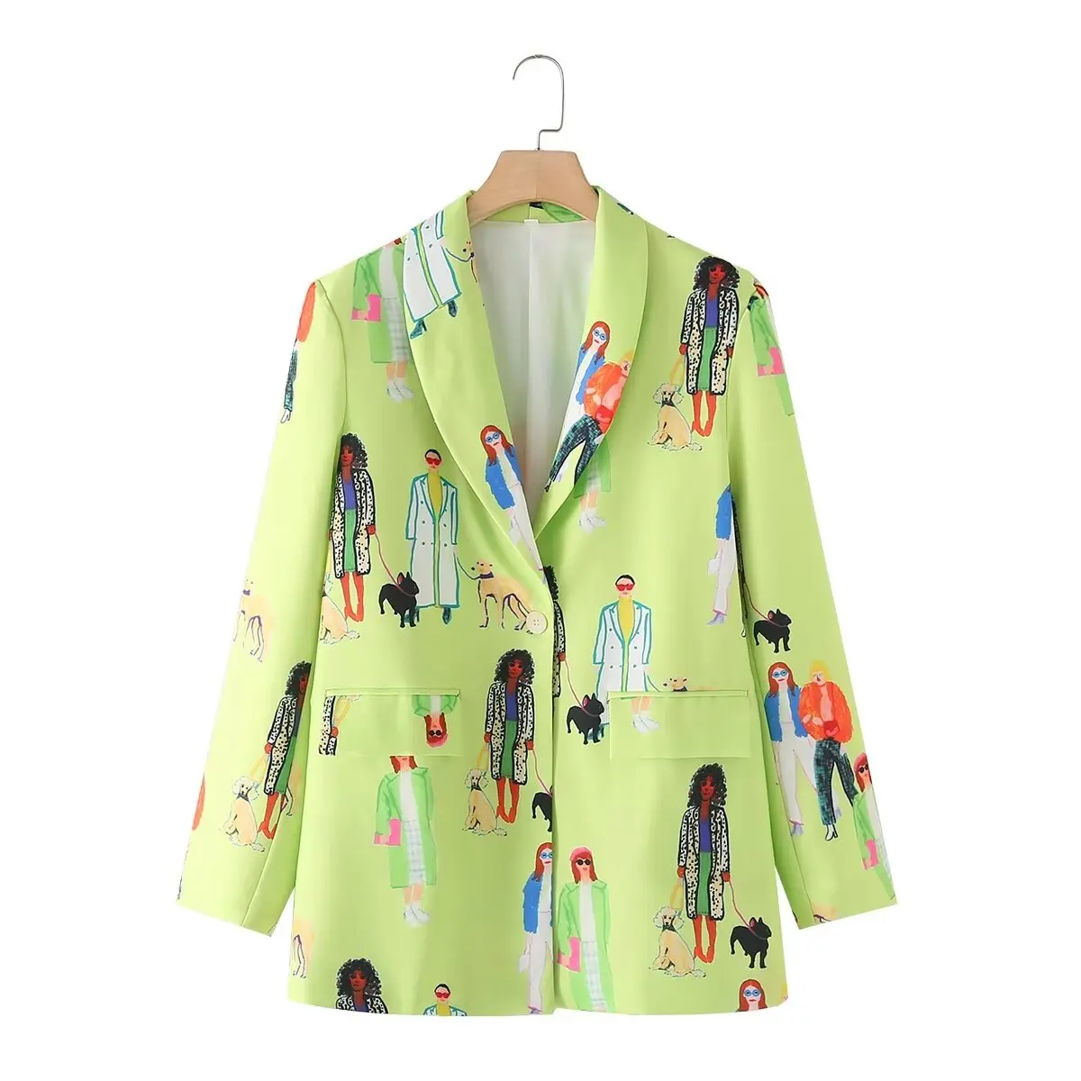 Tangada 2024 Women Green Print Blazer Coat Vintage Long Sleeve Flap Pockets Female Suit 4T012