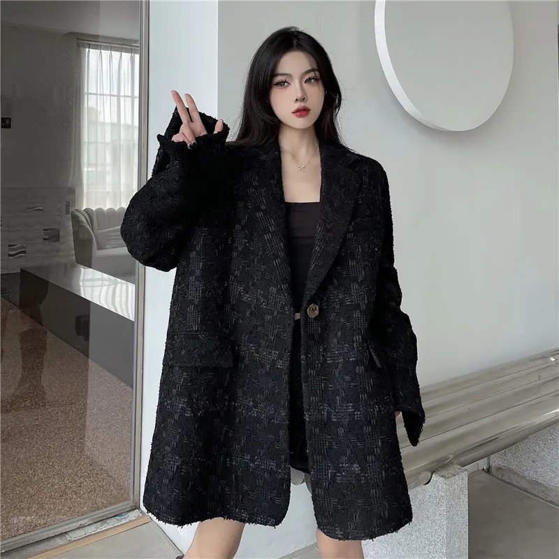 UNXX Tweed Blazer for Women Fashionable Textured Loose Slimming Casual Split Cuff Coat Female Office Lady Jacket Top Hot Sale