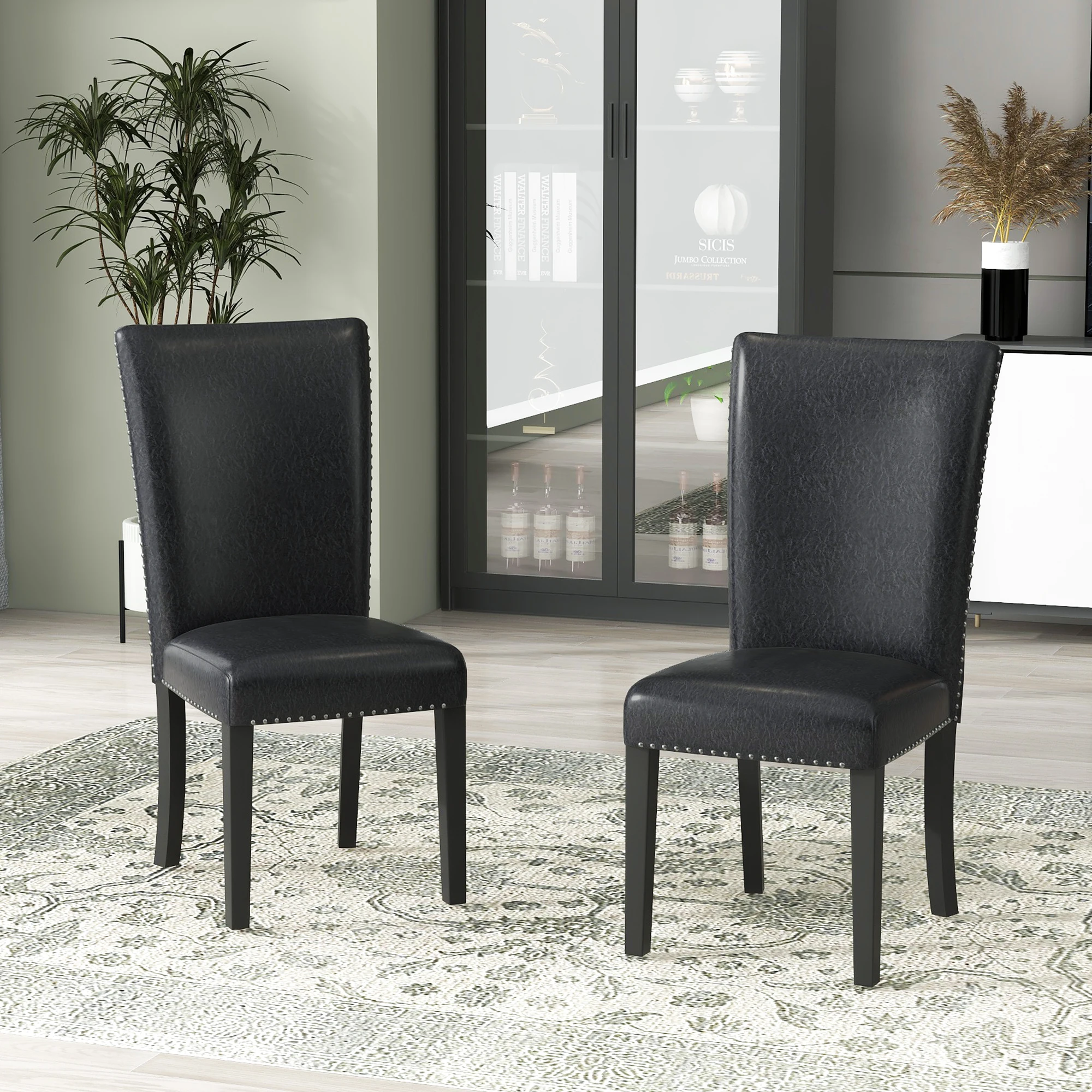 PU-upholstered Dining Chairs with Nailhead-trimmed, Rubber Wood Legs for Dining Table , Black, size: 19.75” W x21.25” D x38.25”H