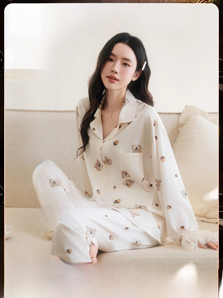 bessena-lace-trim-ice-silk-collar-sleepwear-home-clothes-set-soft-polyester-long-sleeve-loose-fit-long-pants-for-all-seasons