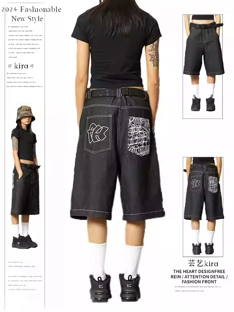 

Summer Women American Retro Denim Shorts Embroidery Y2K 2000s Japanese Punk Harajuku High Street Calf-Length Jean Pants Tide