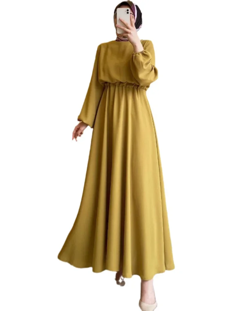 Temperament Commuter Women Muslim Dress Lantern Sleeve Round Neck Loose Comfortable Elastic Waist A-Line Female Trendy Dresses