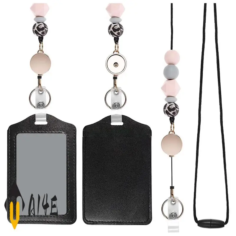 

Retractable Lanyards For ID Badges And Keychain With PU Leather Holder Teacher Lanyards Breakaway For Women