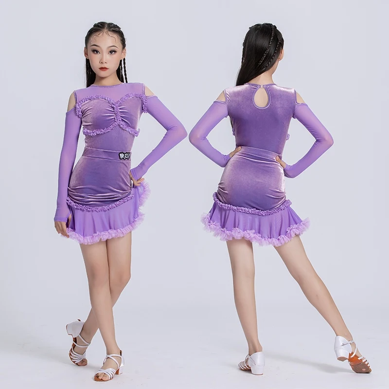 

Платье для выступлений в латинских танцах 2024, фиолетовое бархатное боди, юбки с разрезом, костюм для чача, румбы, танго, детская одежда для латинских танцев DN19318