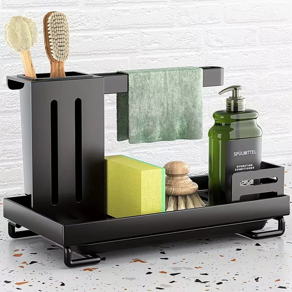 Abtropfgestell mit Bodenwanne, großes Fassungsvermögen für Schwämme, Handseife, Reinigungsmittel, Bürsten, rostfreier Stahl, platzsparender Spülbecken-Organizer, schnell trocknendes Abtropfdesign