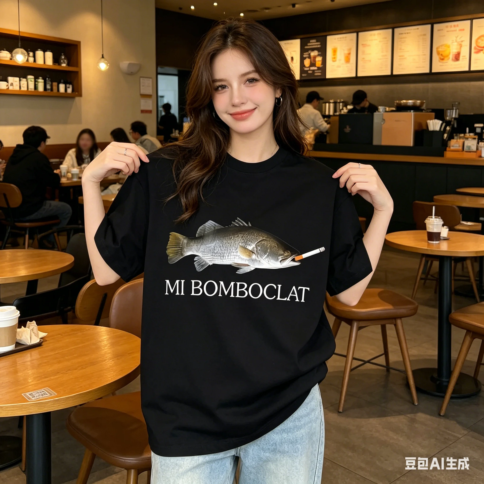Women's fashionable fish-shaped letter print top, a must-have casual summer graphic tee for island travel, available in multiple