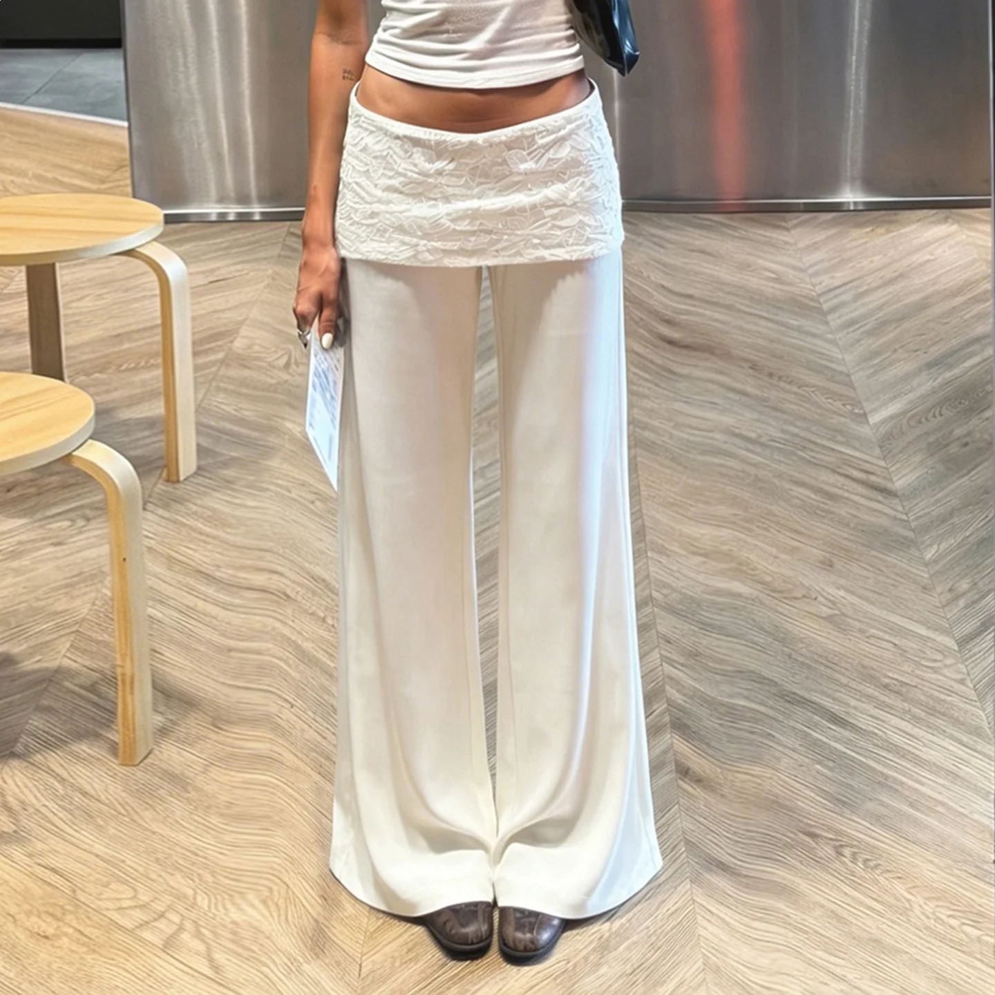 Lace Waist Patchwork Pants Women European American Casual Comfortable Style Slim Fit Solid Color Slimming