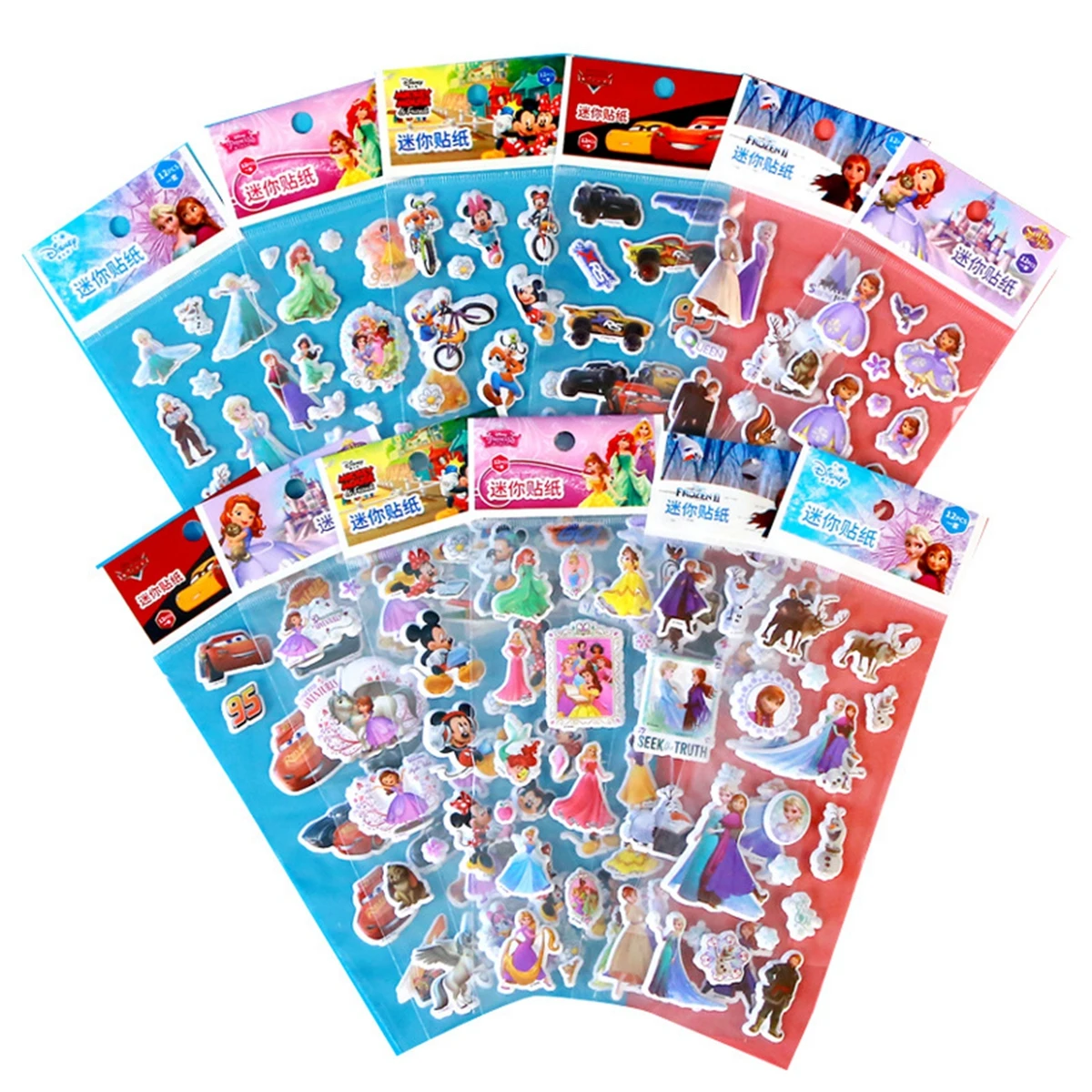 12pcs Disney Sticker Different 3D Puffy Bulk Stickers Cartoon Movie Anime Frozen Sofia Mickey Minnie Princess Kids Girl Toy Gift