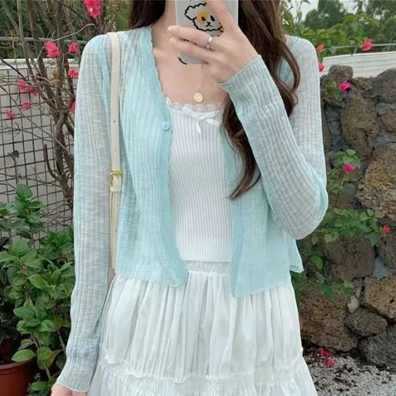 

Knitted Sweater Women Cardigans New Long Sleeve Sunscreen Sueters De Mujer Knit Sweater Cardigan Women Tops V-Neck White 3550